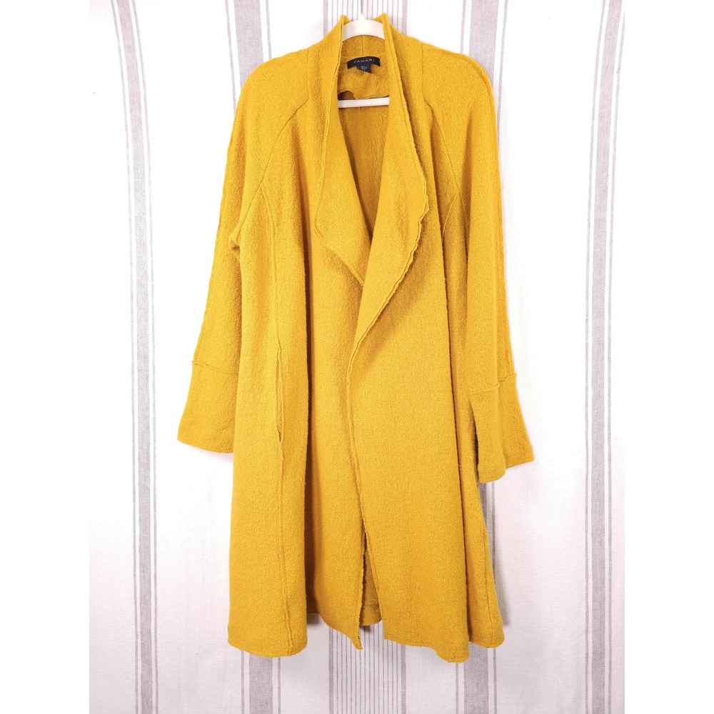 Tahari Coatigan Womens Large Yellow Boucle Wool Blend Knit Long Open Front Boho